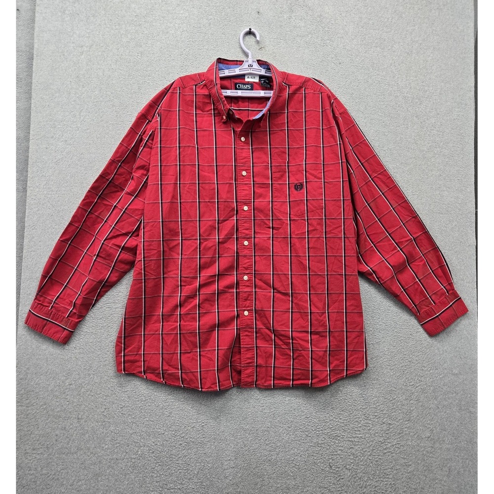 Chaps Men Button Up Shirt 4XB Red Plaid Logo Easy Care Stretch Long Sleeve